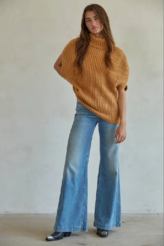 Knit Sweater Ribbed Turtleneck Vest Top: Camel Spandex Blend Rayon Blend Denim Blend