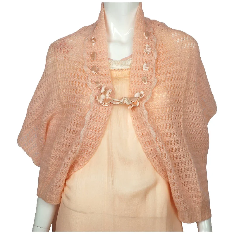 Vintage 1930s Bed Jacket Cape Shrug Hand Knit Pink Wool Toggled Jacket Drawstring Jacket Belted Jacket