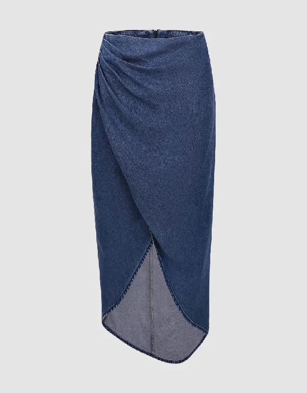 Wrapped Straight Midi Denim Skirt pencil skirt chic