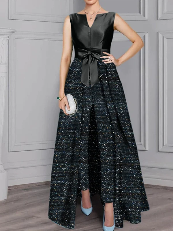 2 Pieces Scoop Long Sleeves Mother of the Bride Pantsuits with Sash ＆ Sequins Comfortable Wide-Leg Pants