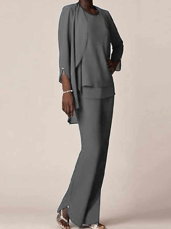 Chiffon V-Neck Long Sleeves Floor-Length Mother of the Bride Pantsuits with Ruffles Classic Flared Pants