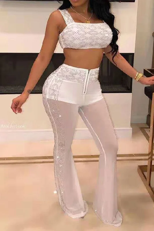 storexq Rhinestone Patchwork Hot See-Through Pant Suit Classic Stretch Pants