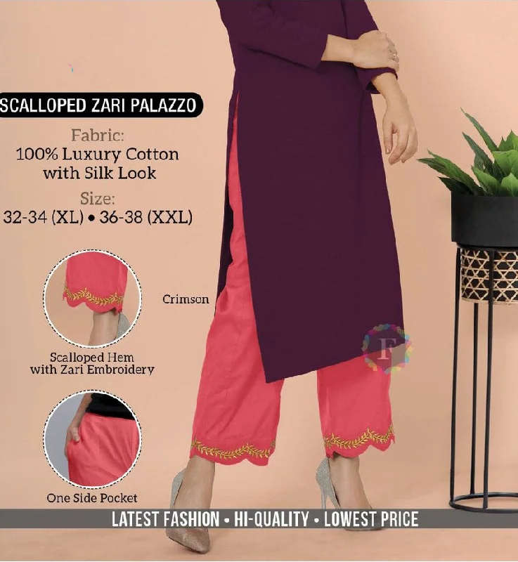 Crimson Cotton Palazzo Pants with Zari Embroidery Stylish Casual Pants