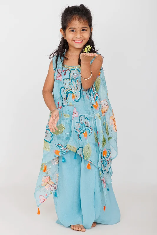 Girls Sky Blue Palazzo Set with Floral Embroidery and Tassel-Trimmed Sheer Jacket Collared Jacket Crew Neck Jacket Turtle Neck Jacket Girls Sky Blue Palazzo Set with Floral Embroidery and Tassel-Trimmed Sheer Jacket Collared Jacket Crew Neck Jacket Turtle Neck Jacket