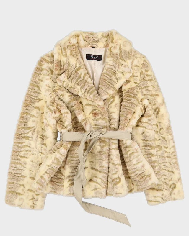 Cream Faux Fur Belted Jacket - M Elasticated Jacket Padded Jacket Insulated Jacket