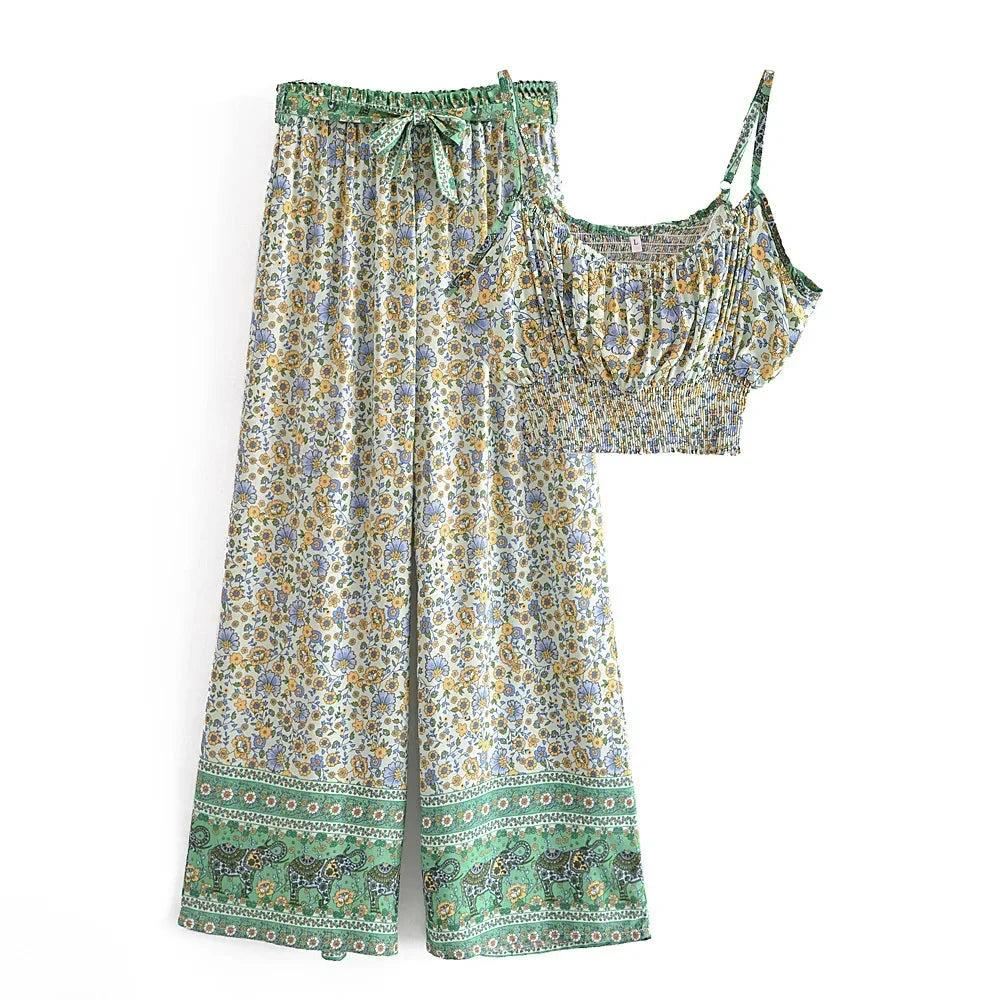 Fern's Boho Two Piece Summer Wide Leg Pant and Camisole Sets High-Waist Trousers