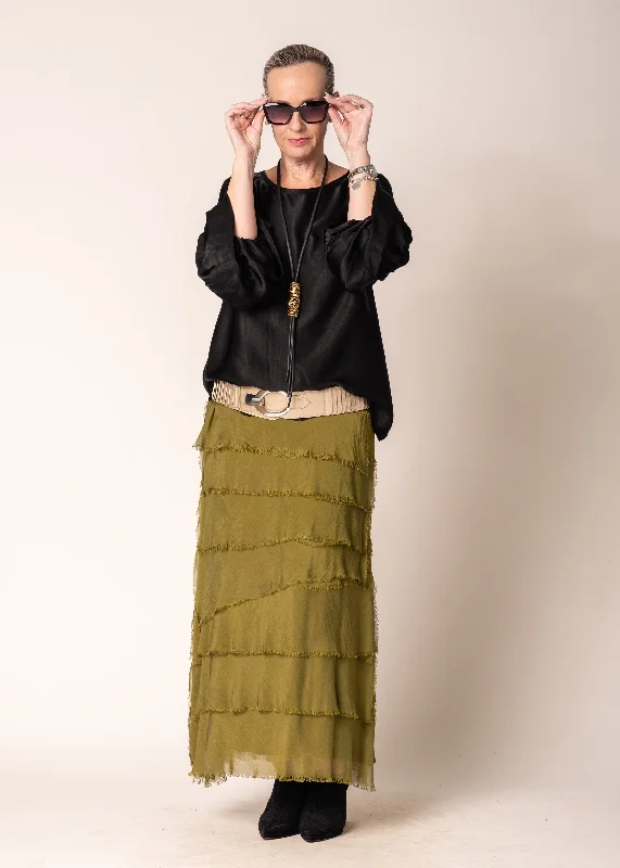 Fifi Silk Skirt in Green Olive corduroy skirt textured