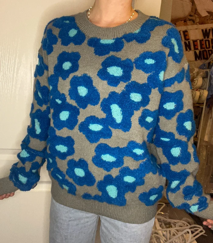 Blue Flower Sweater Wool Fabric Cashmere Fabric Tweed Fabric