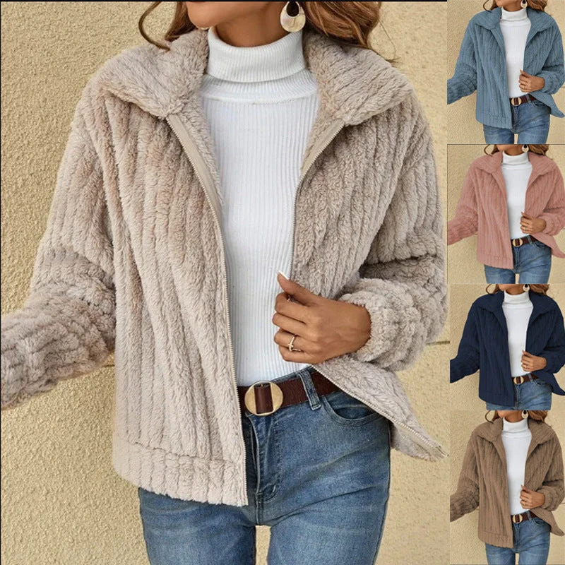 Women's Fleece Lapel Cropped Jacket Wool Fabric Cashmere Fabric Tweed Fabric