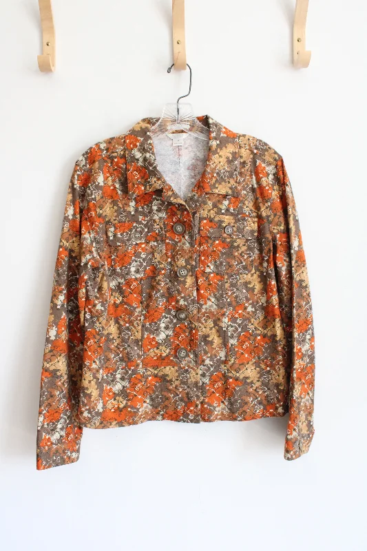 Christopher & Banks Orange & Brown Floral Patterned Jacket | M Quilted Jacket Puffer Jacket Insulated Jacket