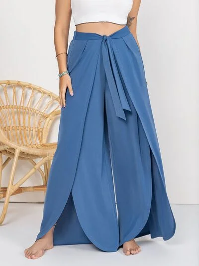 Plus Size Tied Slit Wide Leg Pants Chic Capri Pants