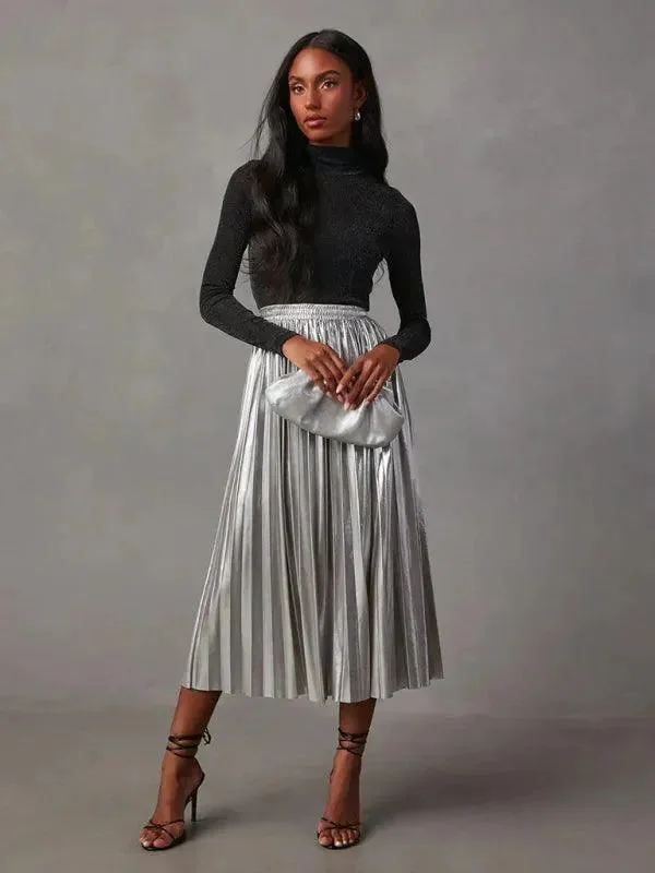 Shiny Pleated High-waisted A-line Plisse Skirt cashmere skirt soft