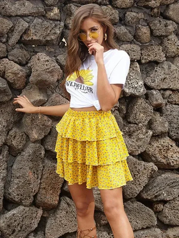 Elastic Floral Tiered Mini Skirt spandex blend skirt