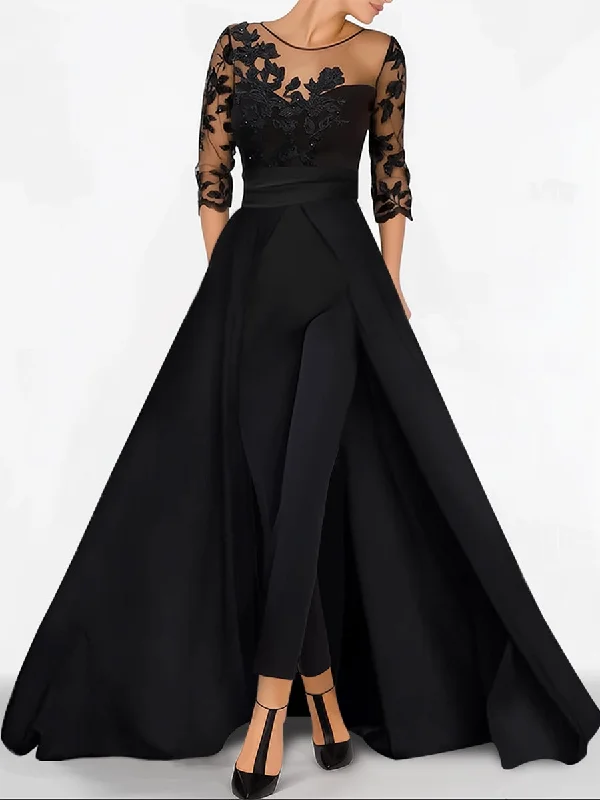 A-Line/Princess Sweetheart 3/4 Sleeves Floor-Length Mother of the Bride Pantsuits with Applique High-Waist Jeans