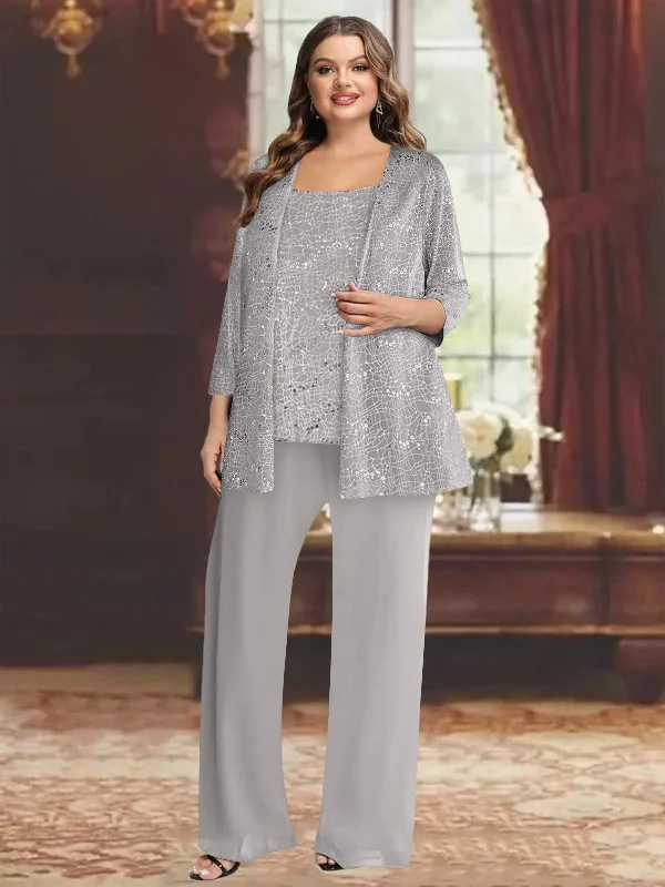 Chiffon Plus Size Mother of the Bride Pantsuits with Jacket & Sequins Casual Wide Pants
