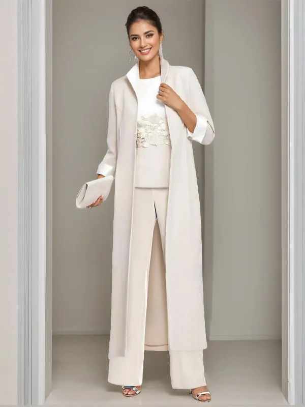 3 Pieces Square-Neck Ankle Length Mother of the Bride Pantsuits with Jacket & Appliques Lace Trendy Palazzo Pants