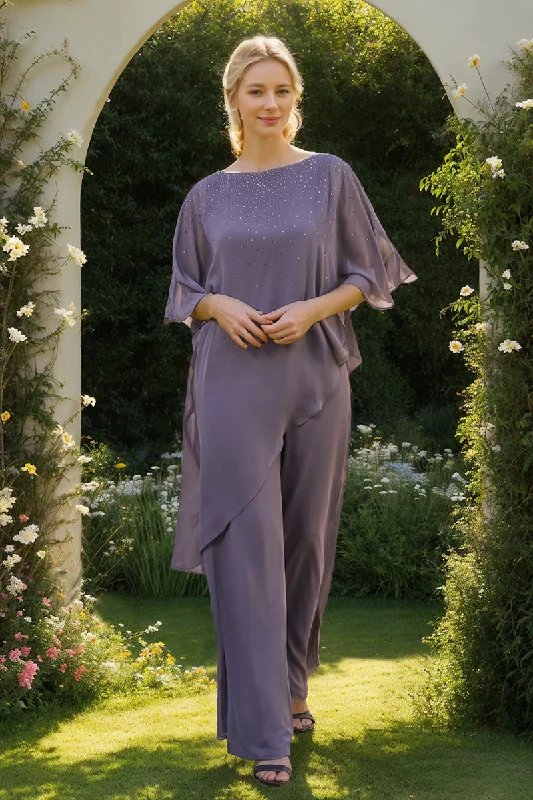 2-Pieces Chiffon Scoop 3/4 Sleeves Mother of the Bride Pantsuits with Rhinestones Trendy Printed Pants