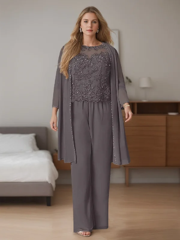 Chiffon 3 Pieces Scoop Neck Long Sleeves Floor-Length Plus Size Mother Of The Bride Pantsuits With Jacket Fashionable Work Pants