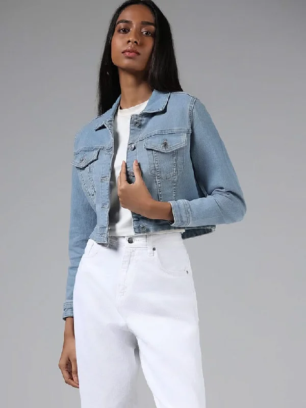 Nuon Light Blue Denim Cropped Jacket Wool Jacket Cashmere Jacket Tweed Jacket