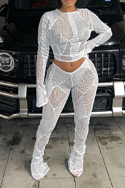 storexq Solid Color Cutout See-Through Party Bodycon Pant Suit Elegant Wool Trousers