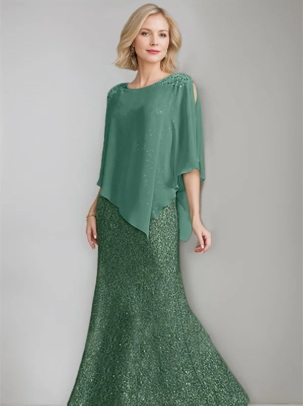 Chiffon Scoop Neck Floor-Length Luxurious Mother of the Bride Pantsuits with Beading Sequins Slim-Fit Leggings