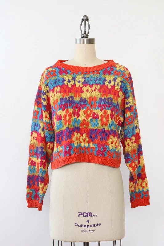 Flower Power Crop Sweater S/M Zippered Buttoned Snapped