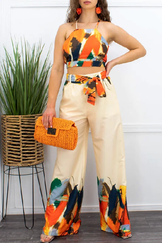 storexq Graffiti Print Tropical Lace-Up Wide Leg Pant Suit Comfortable Maternity Pants