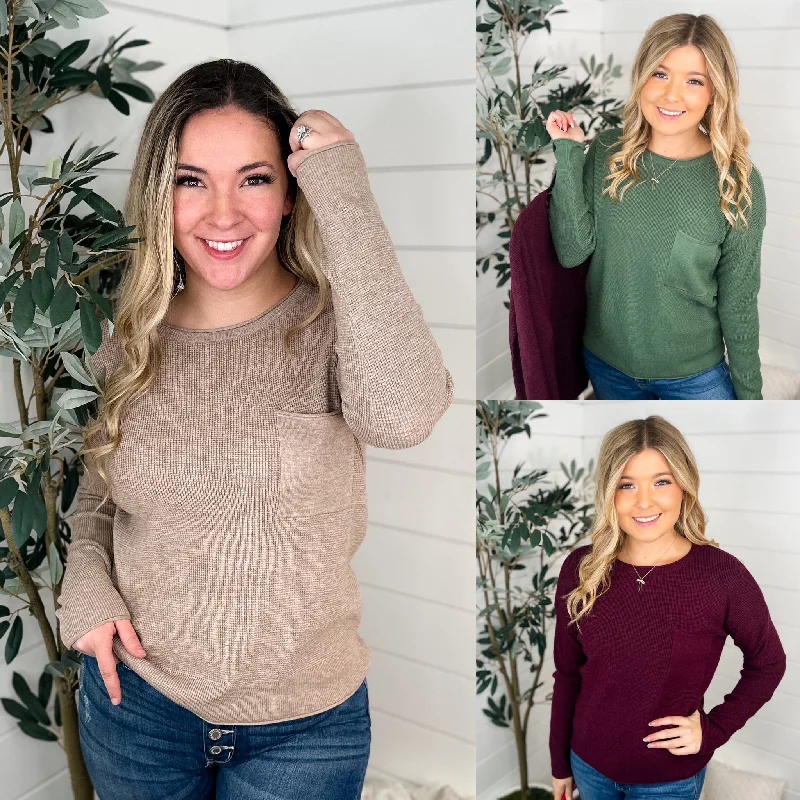 On the Move Knit Long Sleeve Avery Mae Sweater Top - 3 colors! Graphic Sweater Embroidered Appliqued