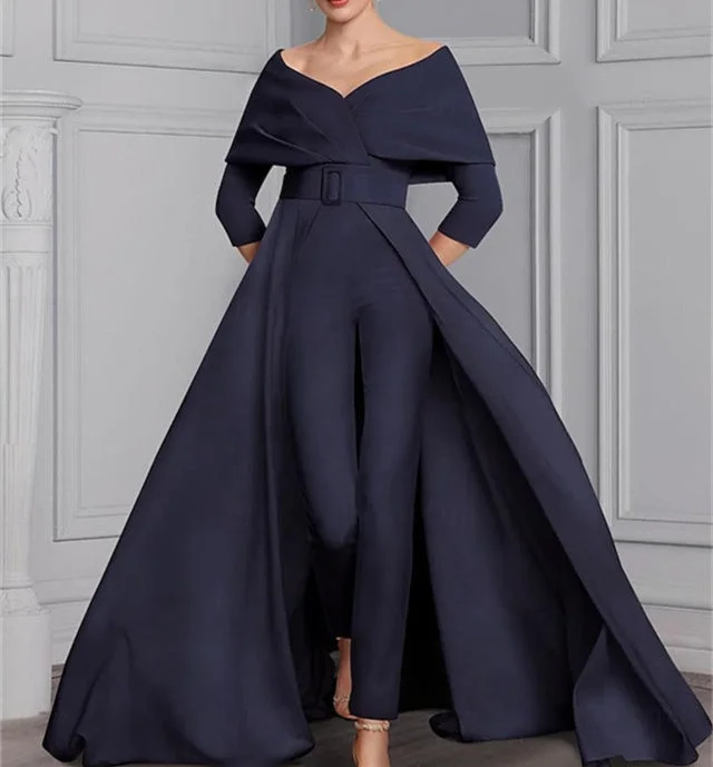 Scoop Long Sleeves Mother of the Bride Pantsuits with Belt Stylish Harem Pants