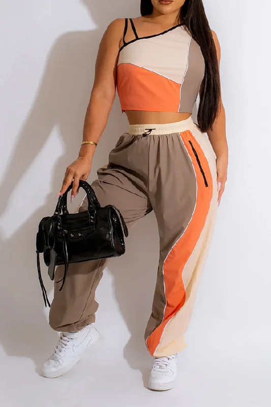 storexq Color Block Patchwork Sporty Pant Suit Soft Wool Pants