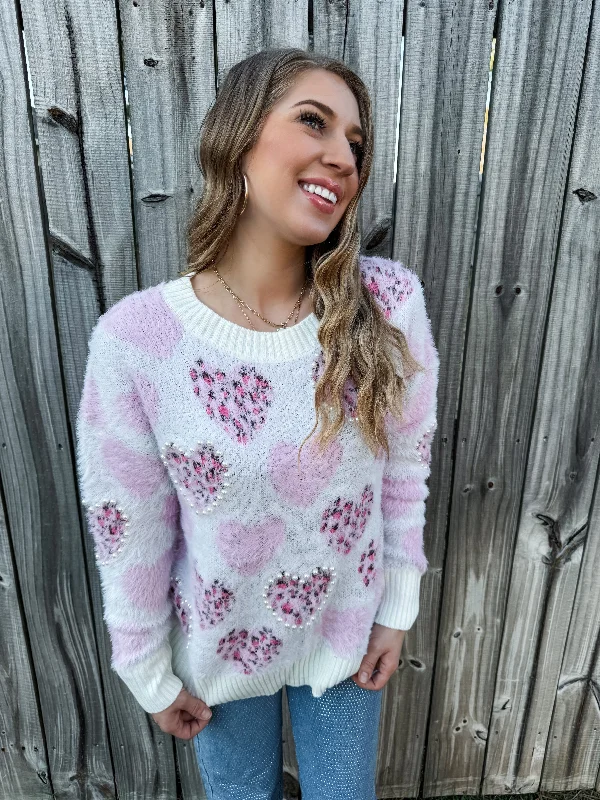 Love Pearls Fuzzy Sweater Print Jacquard Patchwork