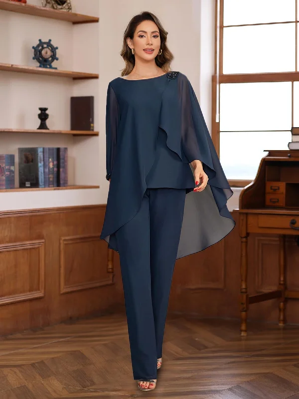 2 Pieces Chiffon Round Neck Floor-Length Mother of the Bride Pantsuits with Ruffles & Sequins & Beading Fashionable Work Pants