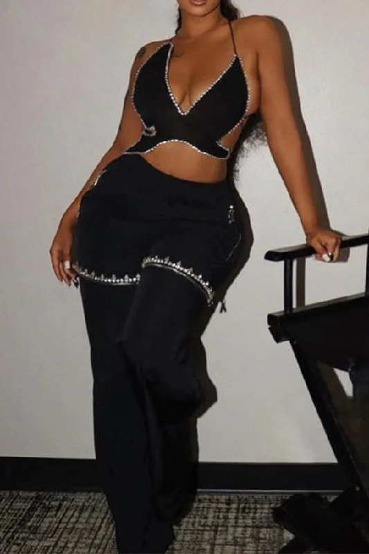 storexq Rhinestone Patchwork Unique Zipped Design Pants Classic Pleated Pants