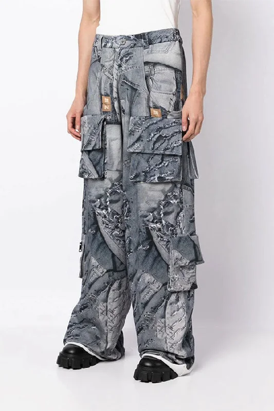 storexq Denim Print Boyish Multi Pocket Pants Relaxed Casual Leggings