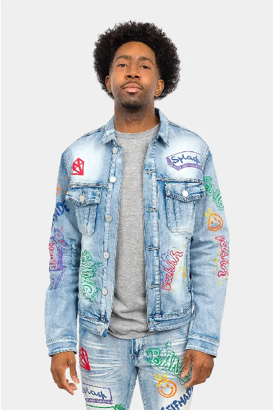 Graffiti Faded Washed Denim Jacket Zippered Front Buttoned Front Snap Front