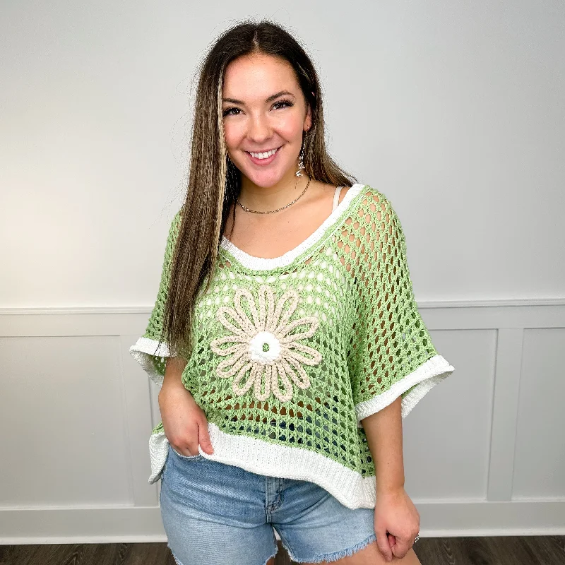 POL I Have Plans Cotton Blend Short Sleeve Green Sweater Top Cable Knit Ribbed Knit Lace Knit