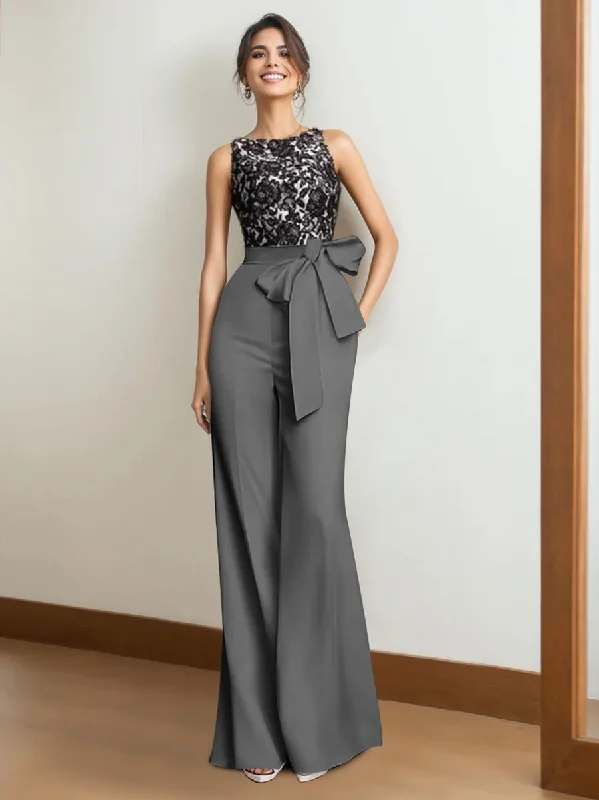 2 Piece Satin Sleeveless Floor Length Mother of the Bride Pantsuits with Lace Appliques & Bow Stretch Fit Pants