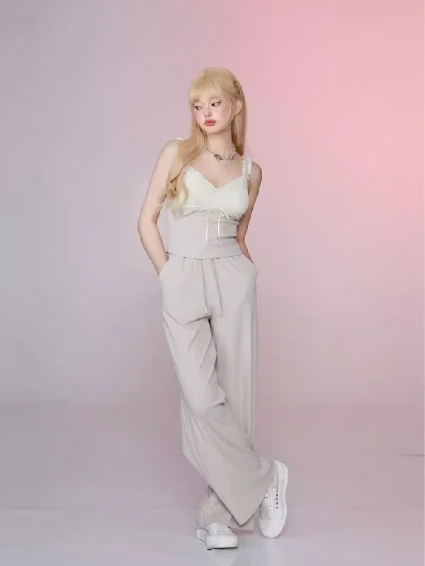 Dressy Beige Gray Lace Camisole Top Casual Pants Set【s0000006352】 Comfortable Denim Leggings