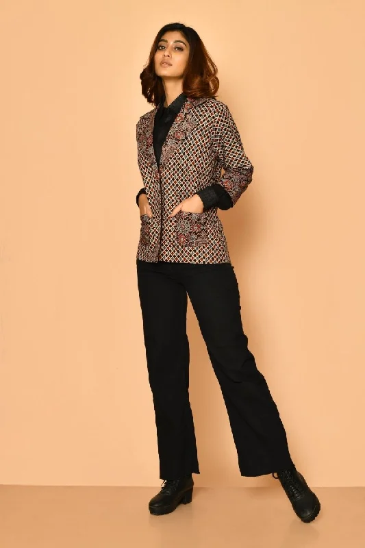 Black Ajharak Coat Cotton Jacket for Women Zippered Front Buttoned Front Snap Front