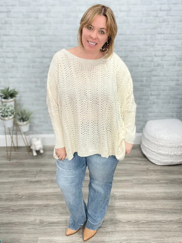 Seeing Patterns Loose Fit Knit Sweater In Cream Front Pockets Side Pockets Patch Pockets