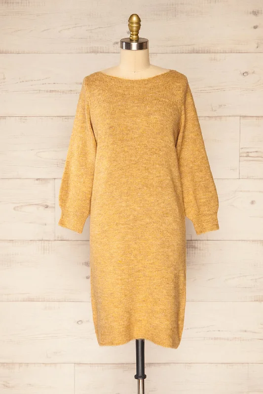 Titai Camel | 3/4 Puffy Sleeve Short Sweater Dress Wool Sweater Cotton Sweater Cashmere Sweater