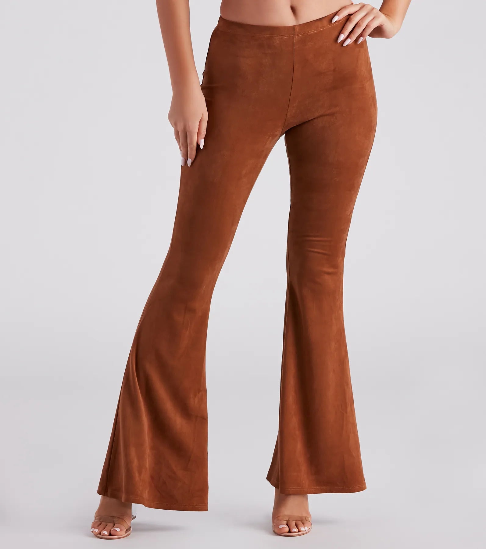 Stylish Pick Faux Suede Flare Pants Elegant Silk Pants
