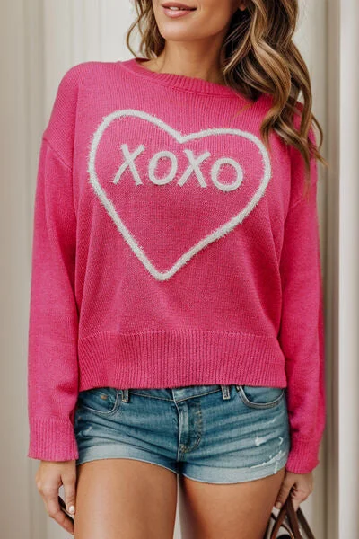 XOXO Hot Pink Sparkly Heart Sweater Stylish Fashionable Trendy