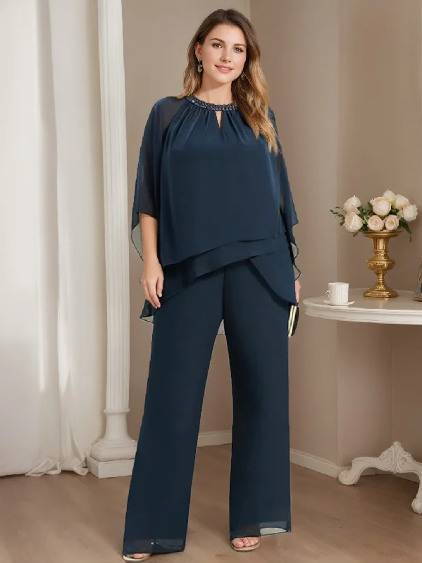 Chiffon Jewel Neck Mother of the Bride Pantsuits Chic Slim Fit Pants