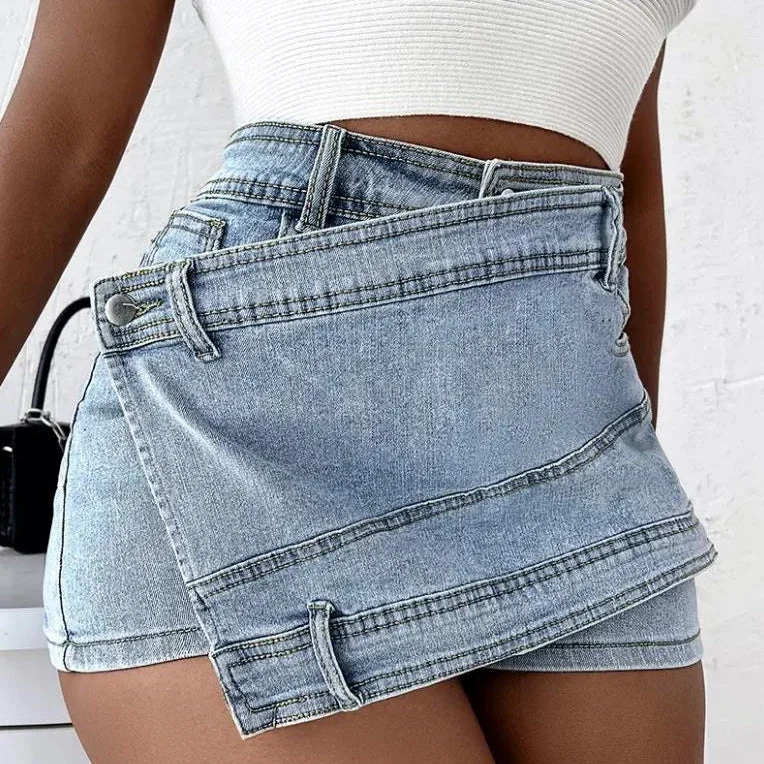 A- line High Waist Irregular Denim Skirt Shorts（CL11692） wrap skirt elegant