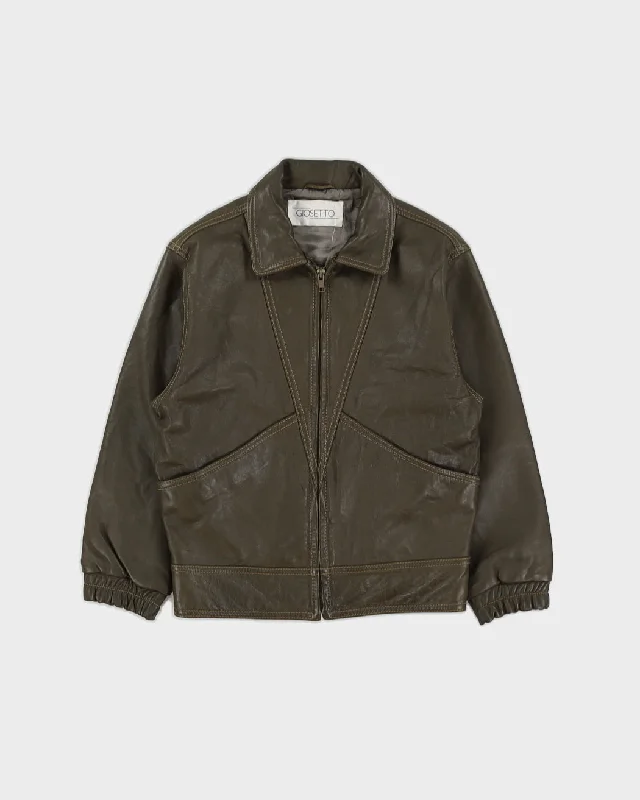Green Leather Zip Jacket - S Tiered Jacket Buttoned Jacket Zippered Jacket
