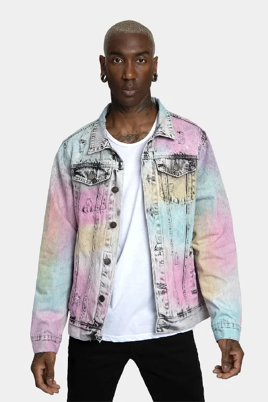 Multi Color Airbrushed Denim Jacket Zip Front Button Front Snap Front
