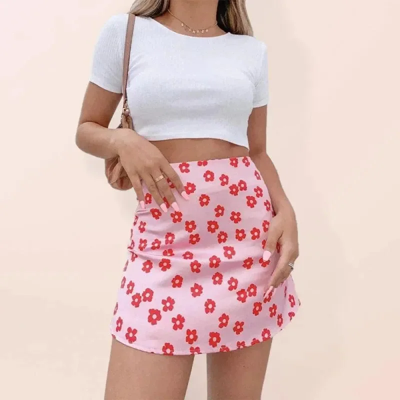 Women's High Waist Satin Printed A-Line Mini Skirt corduroy skirt durable