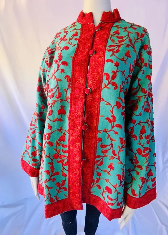 Hand Embroidered Short Jacket -  Turquoise and Red A-Line Jacket Boat Neck Shawl Collar