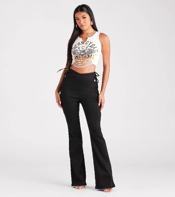 Stroll The City Mid Rise Lace-Up Flare Pants Trendy Wide-Leg Pants